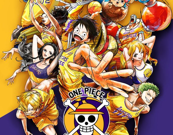 “one-piece”-luffy-scores-a-shot!-straw-hat-pirates-join-together♪-one-night-collaboration-with-the-basketball-team-“lakers”