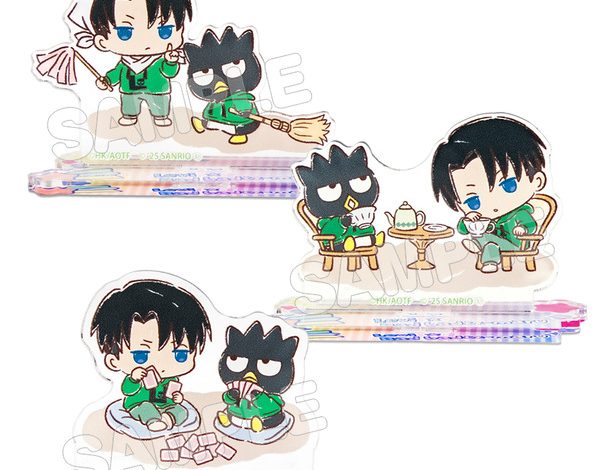 “attack-on-titan”-and-“sanrio”-levi-cleans-up-with-bad-batsumaru!?-eren-takes-a-nap-with-pochakko♪-4th-collaboration-goods